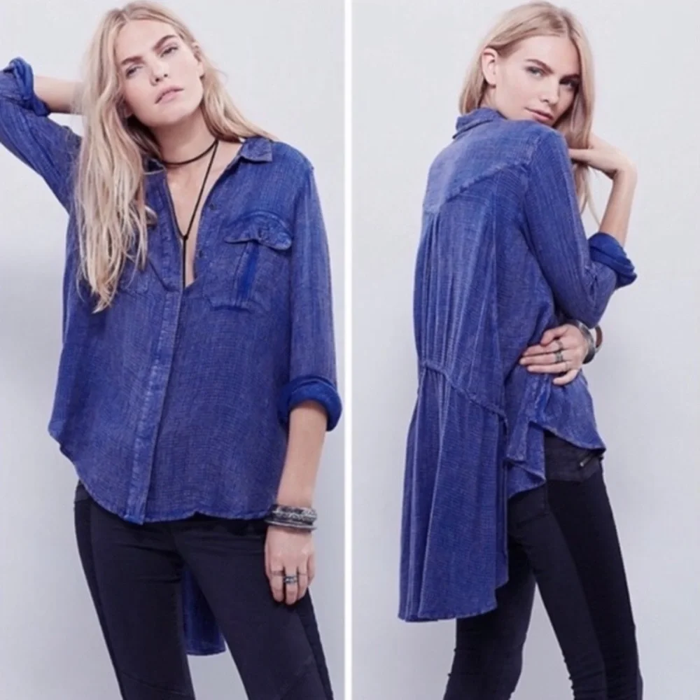 Free People Blue One of the‎ Guys Waffle Knit Tunic Shirt Size XS